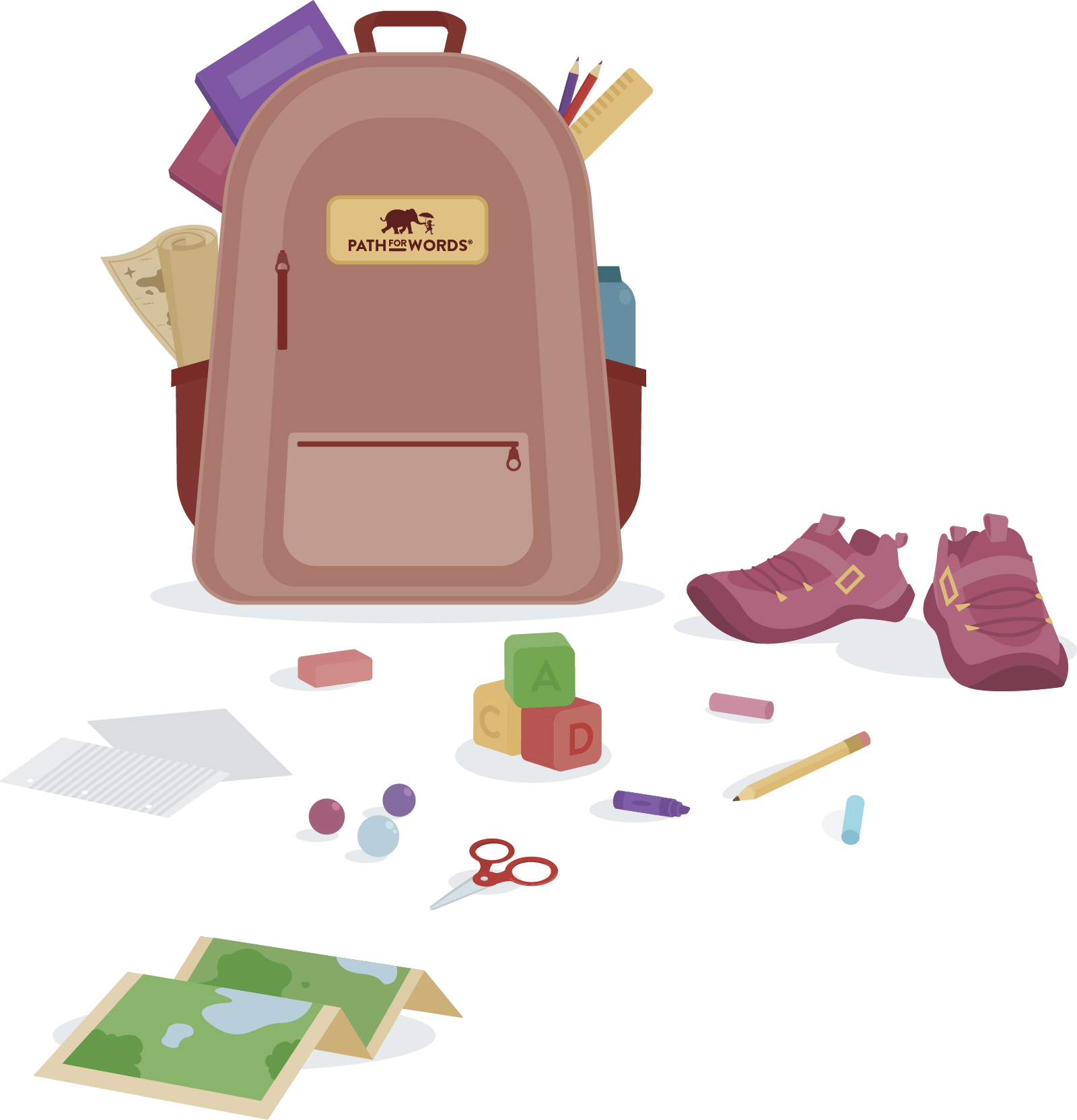 Illustration of backpack with toys learning toys and tools